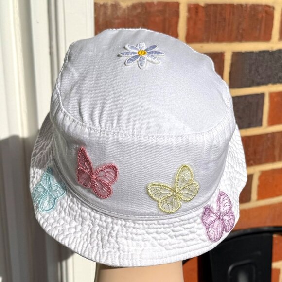 Handmade Kids Upcycled One Of A Kind White Bucket Hat With Colorful Butterflies - Picture 5 of 12